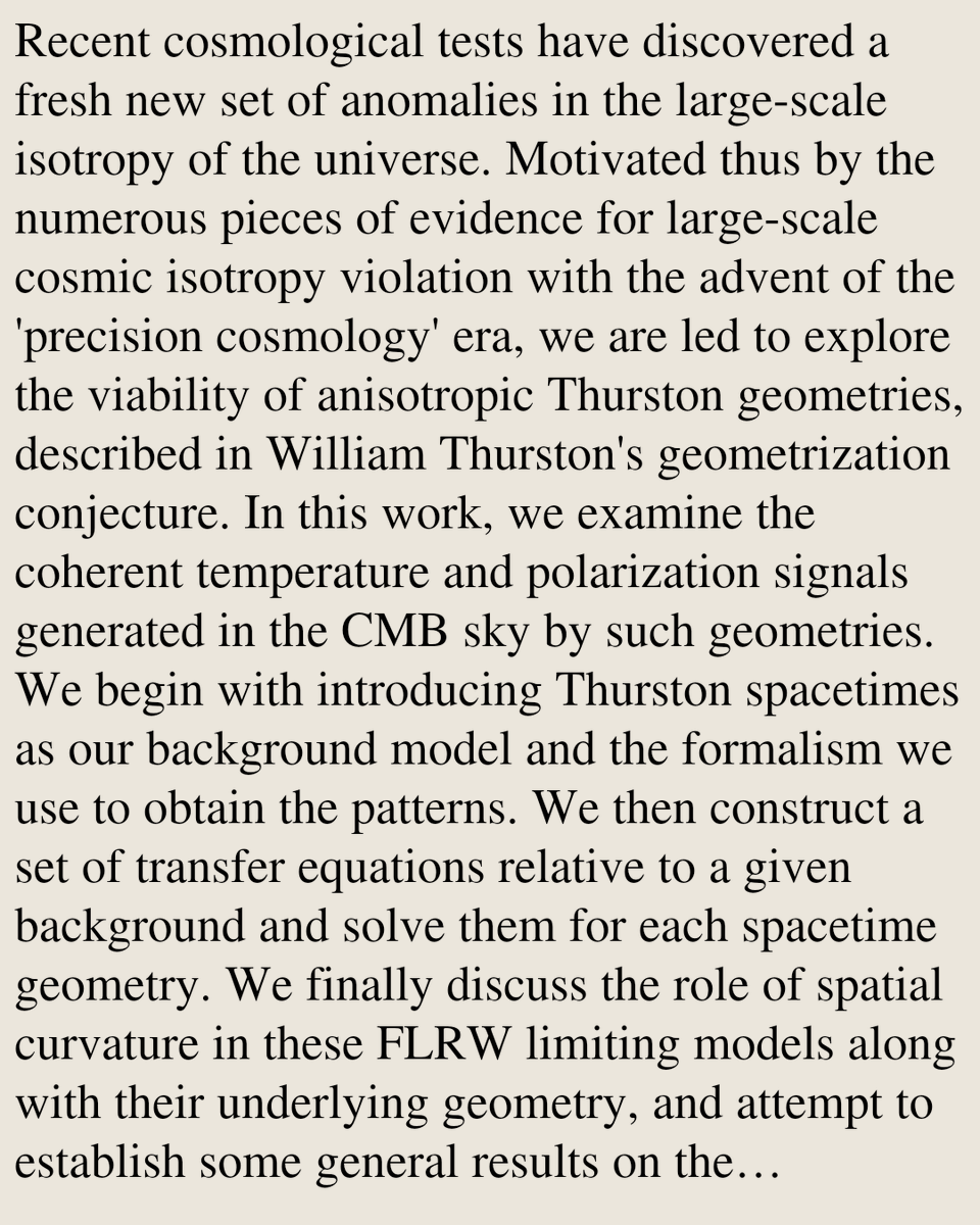 RelativityPaper's tweet photo. Modifications of CMB Temperature and Polarization Quadrupole Signals in Thurston Spacetimes

Tanay Gupta, Sukanta Panda, Rajib Saha
https://t.co/WXrPRg1ukx [𝚐𝚛-𝚚𝚌] https://t.co/cCrtrzNSyw