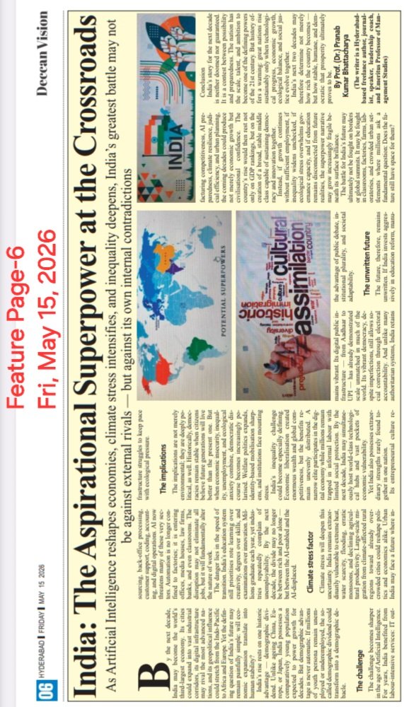 2012Pkb's tweet photo. 'India's greatest battle today is her internal contradictions' is my submission that appeared in today's Deccan Vision News Daily, simultaneously published from Hyderabad, Warangal, Karimnagar, and Ranga Reddy districts, at its Feature Page-6 on Fri, May 15, 2026. https://t.co/MBAVV3ZB85