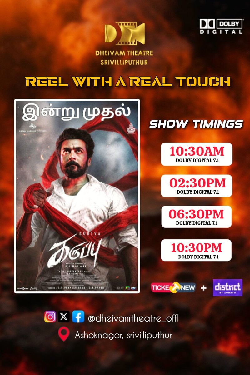 Dheivam_theatre's tweet photo. #karuppu feast from Today 🔥
Book your tickets now' 🎟️
@Suriya_offl @trishtrashers @RJ_Balaji @thinkmusicindia @actor_indrans @SaiAbhyankkar @SshivadaOffcl @natty_nataraj #swashika https://t.co/JmirHZoFVk