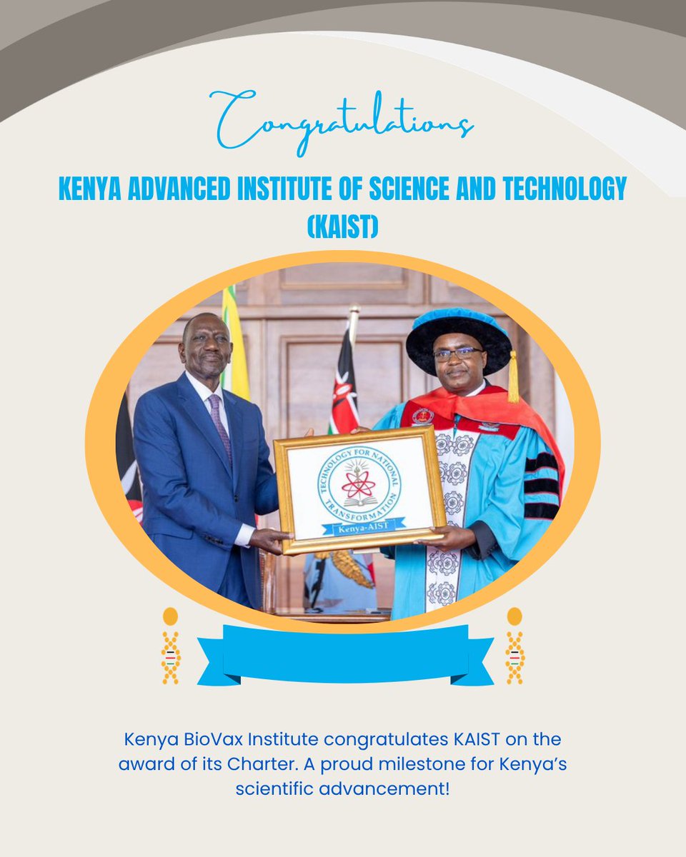 BioVaxInstitute's tweet photo. Congratulations @Kenya_aist 🇰🇪! 

H.E. President @WilliamsRuto awarded @Kenya_aist  its Charter, granting full university status and boosting Kenya’s STEM, engineering & biotech at Konza Technopolis.

@BioVaxInstitute is delighted and looks forward to deeper vaccine R&D collaborations. A proud milestone for Kenya’s scientific advancement!
#KAIST #KenyaBioVax #VaccineSovereignty