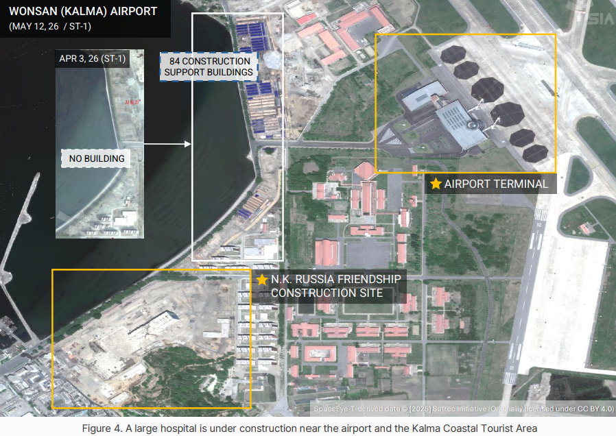 SIAnalytics_AI's tweet photo. DPRK-Russia Friendship Hospital: groundbreaking Apr 22 Wonsan,  RU Health/NatRes Ministers present; Mar'24-halted structures  rapidly retrofitted; 84 support bldgs newly detected. Strategic  med hub for RU war casualties assessed.

📄https://t.co/yFN6t8UGow

#IMINT #GEOINT https://t.co/XAg35QyW2u