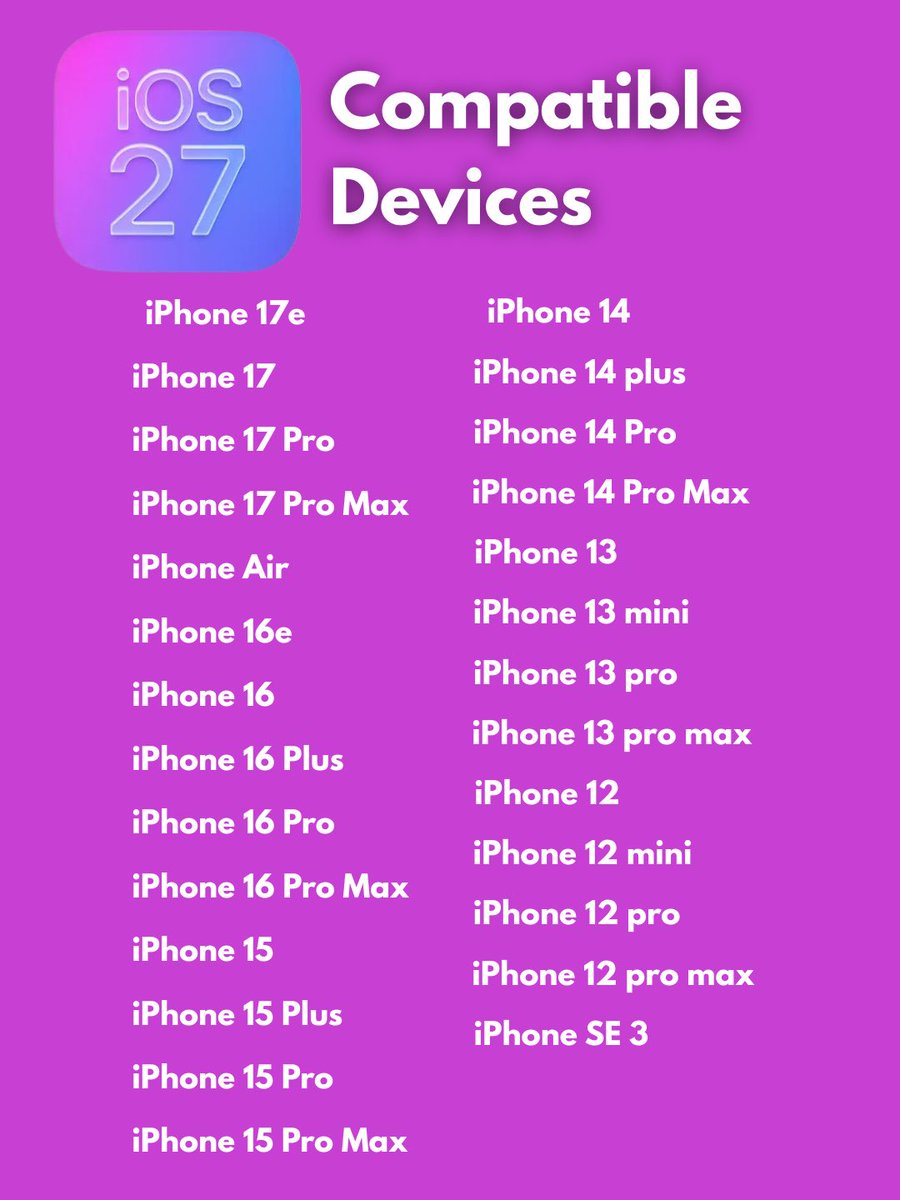 TechieTones's tweet photo. iOS 27 Compatible Devices! 2026 WWDC is less than a month away. According to leaks, the iPhone 11 series is set to lose support for the latest iOS version. What do you think about it? Is it a good decision? https://t.co/vZorL9Gcv7