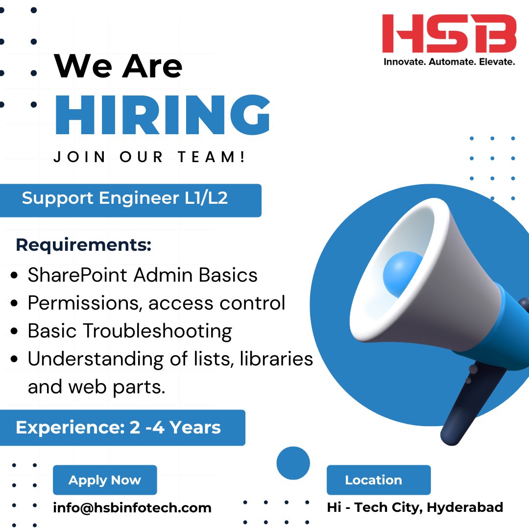 HSB_Infotech's tweet photo. 🚀 We’re Hiring | Support Engineer L1/L2 🚀
🔹 Role: Support Engineer L1/L2
🔹 Experience: 2–4 Years
🔹 Location: Hi-Tech City, Hyderabad
📩 Send your resume to: info@hsbinfotech.com
#HSBInfotechIndia #Hiring #WeAreHiring #HiringAlerts #JobOpening #SupportEngineer #ITJobs https://t.co/evd2awjo8D
