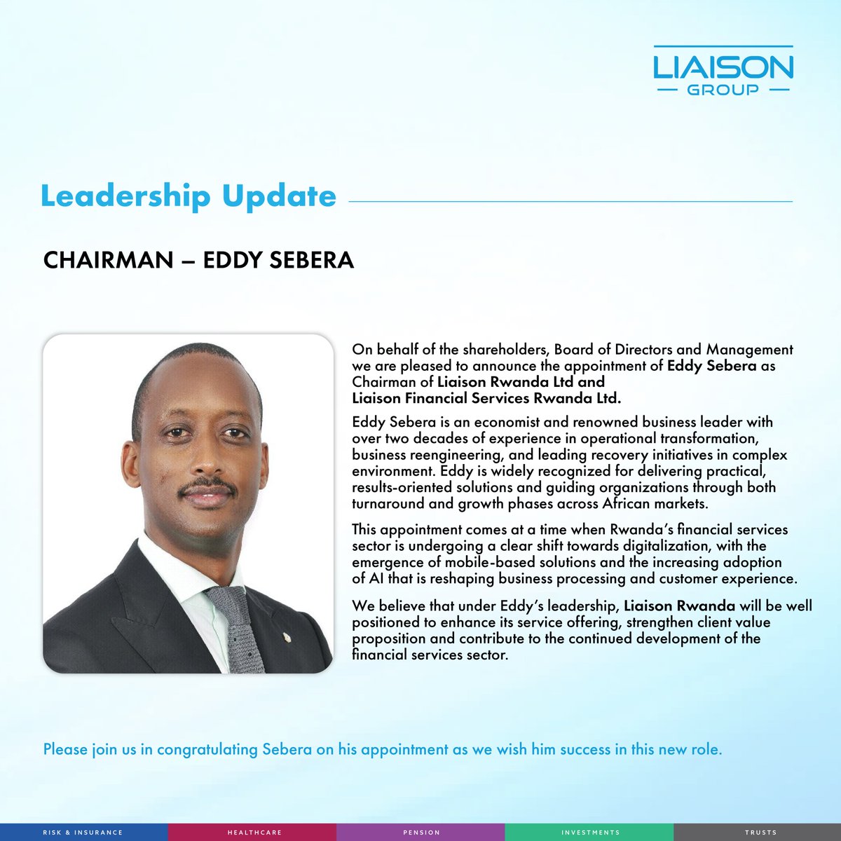 LIAISONGROUPRW's tweet photo. Congratulations @EddySebera on your new appointment...!
#ImpactforGood
Twandikire: https://t.co/9tZS4d5lnj https://t.co/aJPpvmSx3Z