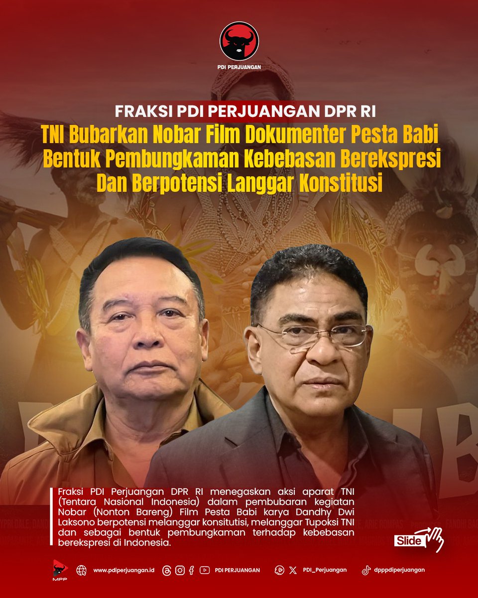 PDI_Perjuangan's tweet photo. Fraksi PDI Perjuangan DPR RI menegaskan aksi aparat TNI (Tentara Nasional Indonesia) dalam pembubaran kegiatan Nobar (Nonton Bareng) Film Pesta Babi karya Dandhy Dwi Laksono berpotensi melanggar konsitutisi, melanggar Tupoksi TNI dan sebagai bentuk pembungkaman terhadap kebebasan berekspresi di Indonesia.

"Pembubaran yang dilakukan Dandim 1501 berpotensi melanggar konstitusi dan tupoksi TNI. Dalam negara demokrasi, ruang diskusi dan penyampaian informasi harus dilindungi selama tidak terbukti melanggar hukum," tegas TB Hasanuddin, anggota Komisi I DPR RI Fraksi PDI Perjuangan.

Menurut Wakil Ketua Komisi XIII DPR RI Fraksi PDI Perjuangan, Andreas Hugo Pareira, pembubaran nonton bareng film dokumenter Pesta Babi oleh TNI merupakan tindakan berlebihan sekaligus bentuk pembungkaman terhadap kebebasan berekspresi dan menodai hak warga negara dalam menikmati karya seni.

#PDIPerjuangan
#MenangkanRakyat
#SatyamEvaJayate
#KebenaranPastiMenang
#SolidBerderap