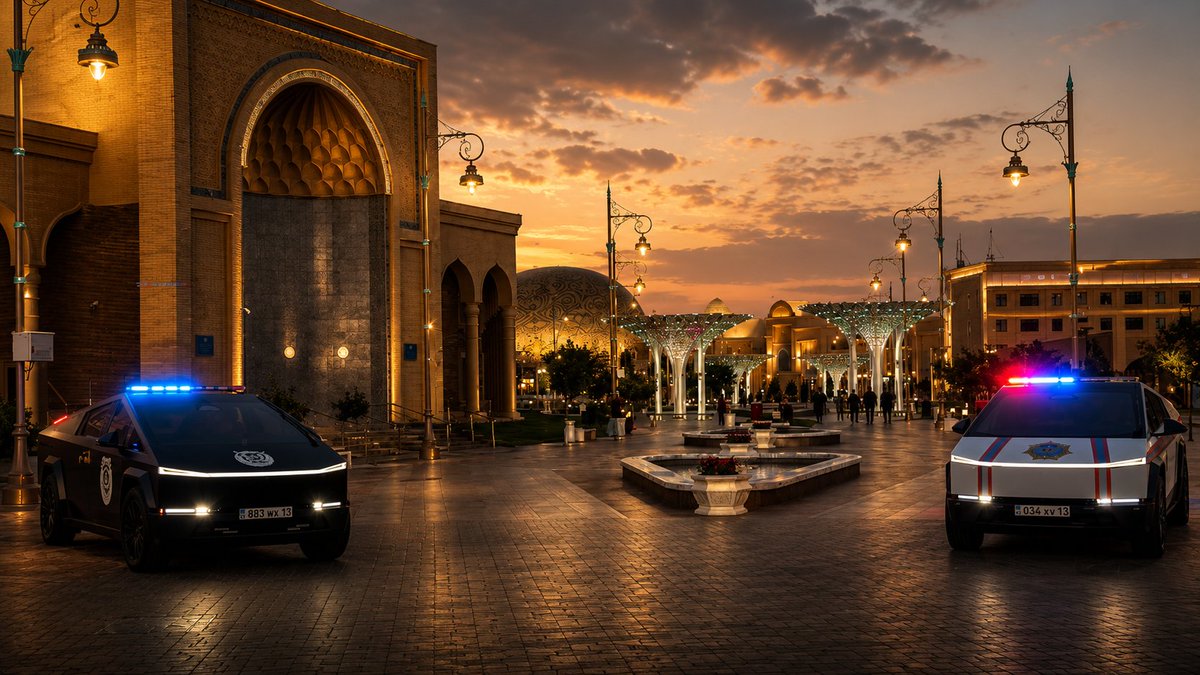 KZEmbassyFR's tweet photo. L’avenir est arrivé dans la capitale spirituelle du🇰🇿 - Turkestan🚓
La cyberpolice patrouille au sommet des États turciques.
Les futuristes #Cybertrucks paraissent étonnamment naturels sur fond de l’ancienne Turkestan,où ils sont officiellement entrés en service pendant le sommet https://t.co/Y2NqJNrNpm
