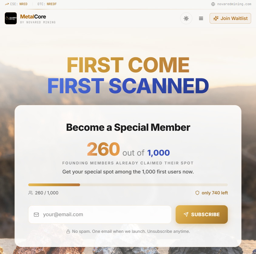 NovaRedMining's tweet photo. NovaRed Mining is pleased to announce the MetalCore waitlist is now open. 
Be among the first 1,000 to join for early access to project updates, exploration news, and investor insights, even before launch. 

Sign up now: https://t.co/h27xVkzyi8 
$NRED $NREDF https://t.co/f3NU2YM5vv