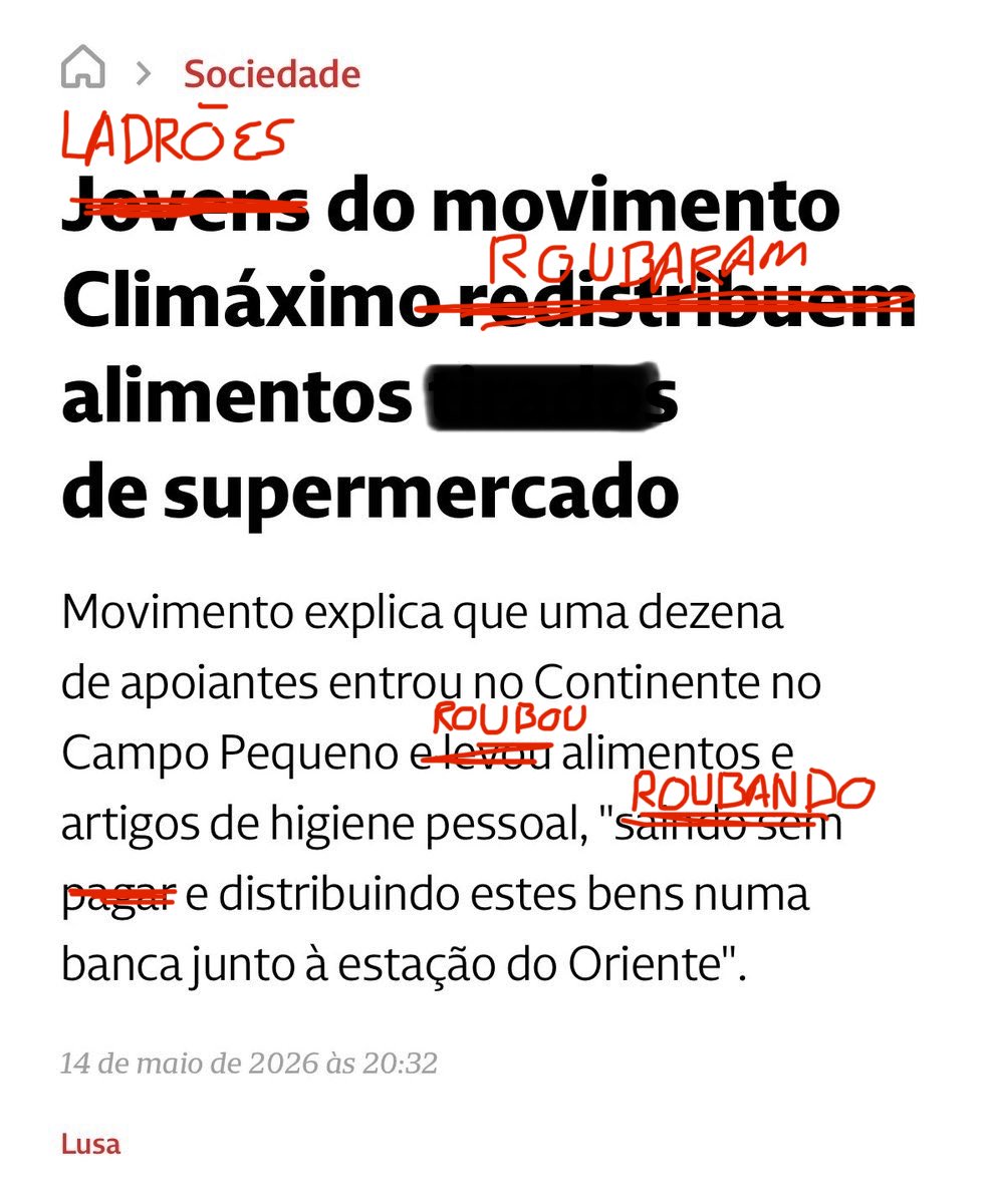 FranciscojlSim's tweet photo. Senhores da Agência Lusa, fica aqui a correção do título da “notícia”.

Fica-vos mal passar pano aos ladrões da Climáximo.

Não precisam de agradecer. Peço desculpa pela caligrafia. https://t.co/yVcXOBTpKu