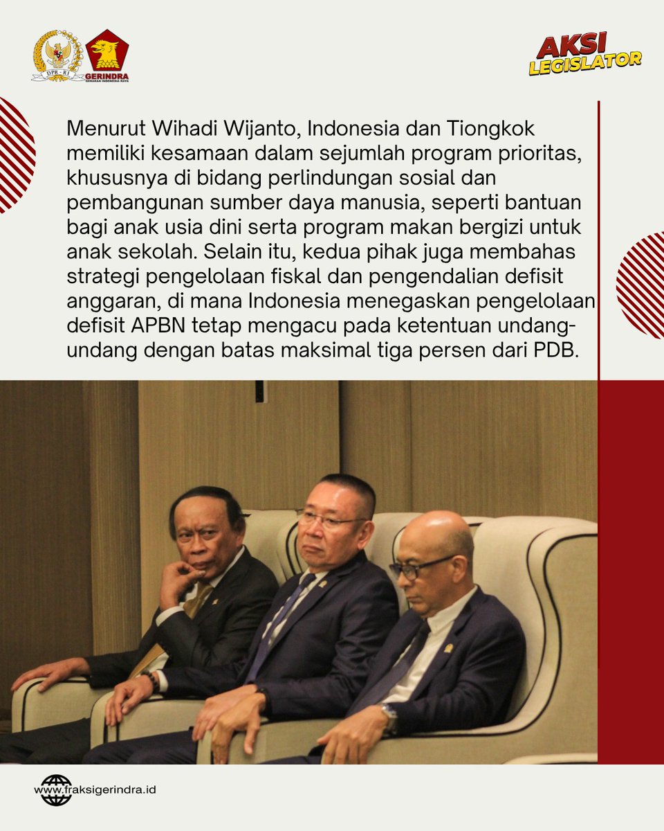 Fraksi_Gerindra's tweet photo. Wakil Ketua Badan Anggaran (Banggar) DPR RI, Dr. Wihadi Wijanto, S.H., M.H., menerima kunjungan delegasi parlemen Tiongkok dalam sebuah forum diskusi mendalam mengenai mekanisme penganggaran nasional.
#AksiLegislator #WihadiWijanto #Gerindra #DPRRI #Banggar https://t.co/ZhKv6a1Guq