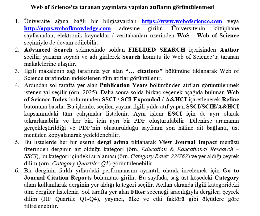 yvzkblt's tweet photo. Web of Science kapsamındaki yayınlara yapılan atıfları görüntülemek için izlenecek adımları görselde özetledim. 

Akademik teşvik, atama ya da doçentlik başvuru sürecinde olan, atıflarını merak eden arkadaşlara yararlı olmasını dilerim.

(Görsel ChatGPT ile hazırlanmıştır.) https://t.co/CTezgAChtI