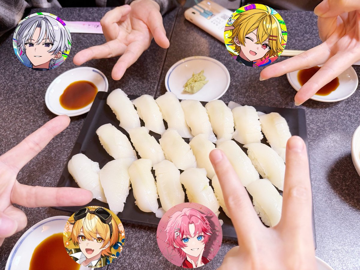 PARUO_ofuzake's tweet photo. うるさいこぱちゅ♡ で

お祝いご飯行ってきたああああああ！！

リーダー
『先お店入ってて！イカ20貫頼んどいて』

ところで、
スプラ実況者ってイカ食べるんですか���

※リーダーが全部ご馳走してくれました💛💛💛💛💛💛💛 💛💛💛💛💛💛

#うるさいWIN https://t.co/Fquun2F26y