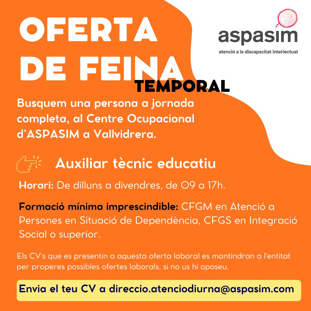 fundacioaspasim's tweet photo. Vols treballar amb nosaltres? 🙋🙋‍♀️🙋🙋‍♂️💁💁‍♀️
Busquem Auxiliar tècnic educatiu a jornada completa al Centre Ocupacional d'Aspasim a Vallvidrera.

Envia el teu CV 👍
#Aspasim #CentreOcupacionalAspasim #educadorssocials #ofertesdefein https://t.co/wTrXTH6sDg