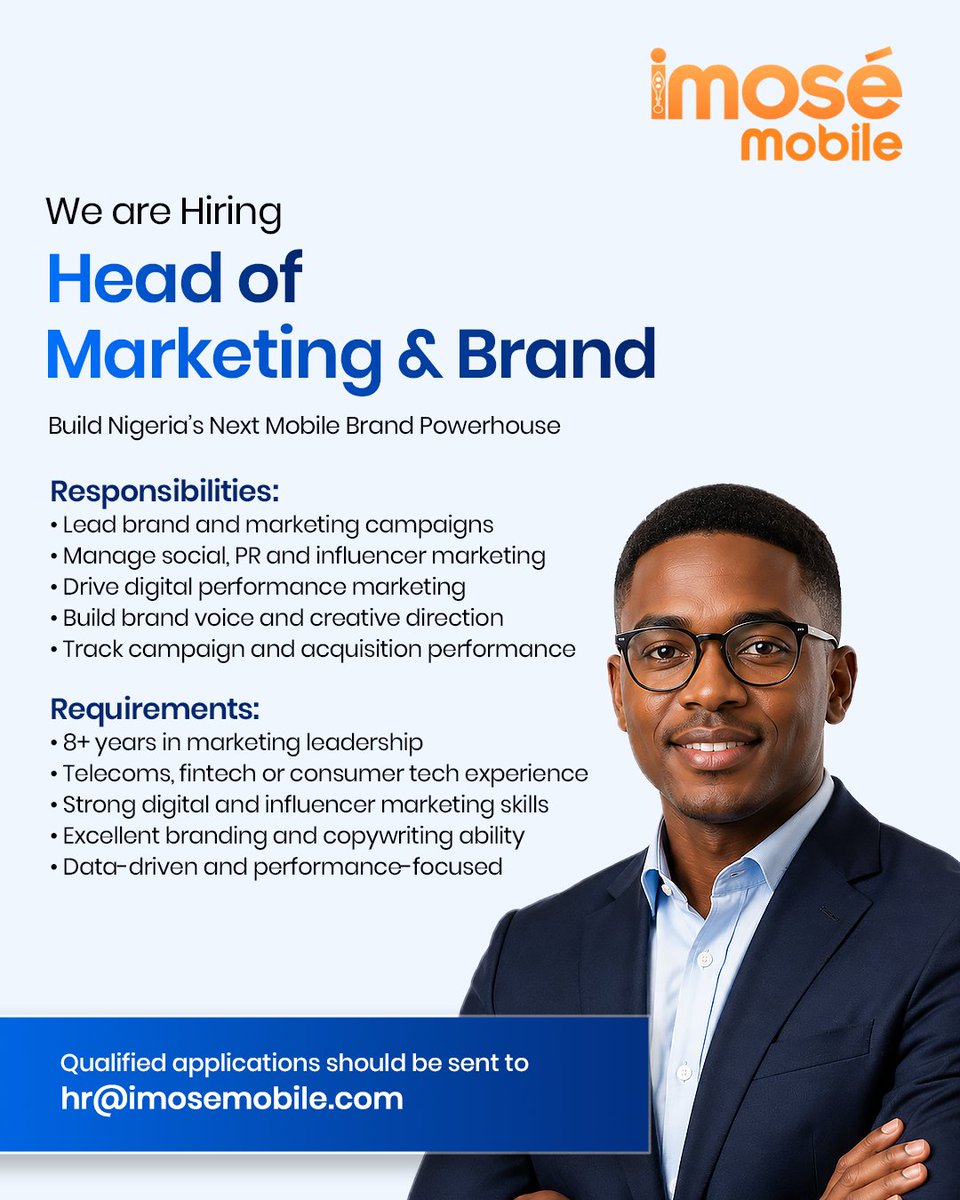 imosemobile's tweet photo. We are hiring! 

At Imosé mobile, we value innovation, excellence, and integrity. We are on the lookout for talented individuals who share these values to work for us!

So if you are interested in any of these positions, and you fit into the stated requirements, send in your CV (indicating the role you are applying for as the subject) to hr@imosemobile.com and take the next step in your career journey with us!