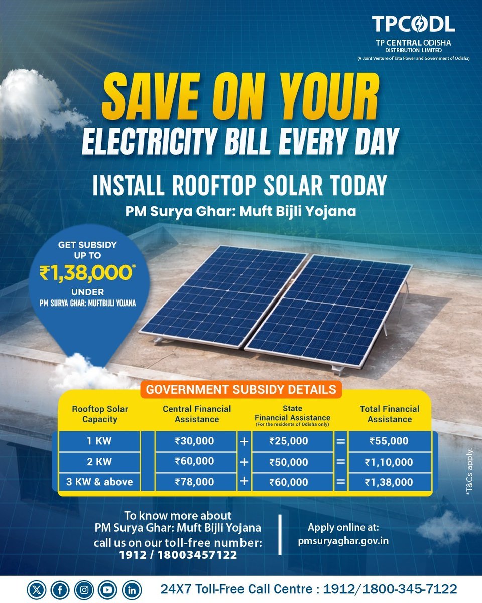 TPCentralOdisha's tweet photo. Save on your electricity bills every day! 

With government subsidy under the #PMSuryaGharMuftBijliYojana, you can easily install rooftop solar panels at your home at an affordable cost and enjoy long-term savings. 

#TPCODL #SolarForAll #RooftopSolar #GreenEnergy #SolarPower #RenewableEnergy #SmartSavings

@CMO_Odisha @TataPower @SecyChief @EnergyOdisha @OPTCL_Odisha @OPGC_ODISHA @IPR_Odisha @GridcoOdisha @KVSinghDeo1