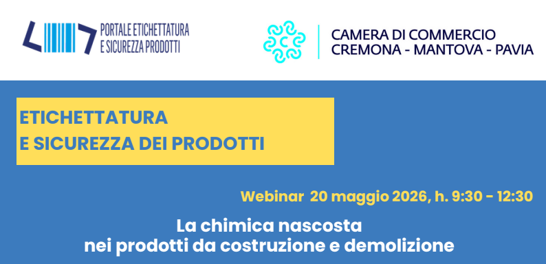 CCIAA_CMP's tweet photo. #Webinar gratuito mercoledì 20 maggio 2026: La chimica nascosta nei prodotti da costruzione e demolizione https://t.co/KpLXgWispC https://t.co/GQLZt520A3