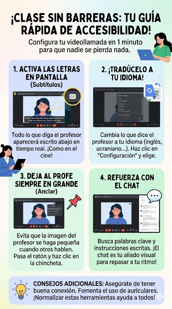 checeres's tweet photo. Infografía para configurar tu videollamada si tienes un aluno que o habla el mismo idioma que el emisor.
#Inclusión #audio #videollamada https://t.co/m4PmENvdRA