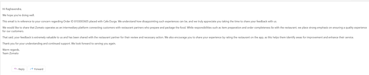 raghudac's tweet photo. @zomatocare @zomato @deepigoyal

Food via Zomato and received spoiled, inedible food. 
Customer support just says will passes feedback to the restaurant
No accountability, No resolution 
Email escalation gives the same response

Is this how customers are treated? 
Pathetic 👎👎 https://t.co/AkWke4shME