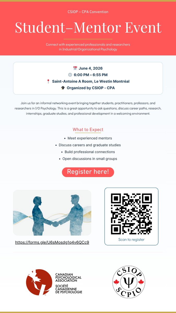 CSIOP_SCPIO's tweet photo. Students heading to the #CPA2026 Annual Meeting in Montreal? 🎓

Registration is now open for the CSIOP Student–Mentor Event! Connect with practitioners, professors, and researchers in I/O psychology.

📍Date &amp; time details attached
🔗 Register here: https://t.co/npvyxMRrW1 https://t.co/JheaEry3qp