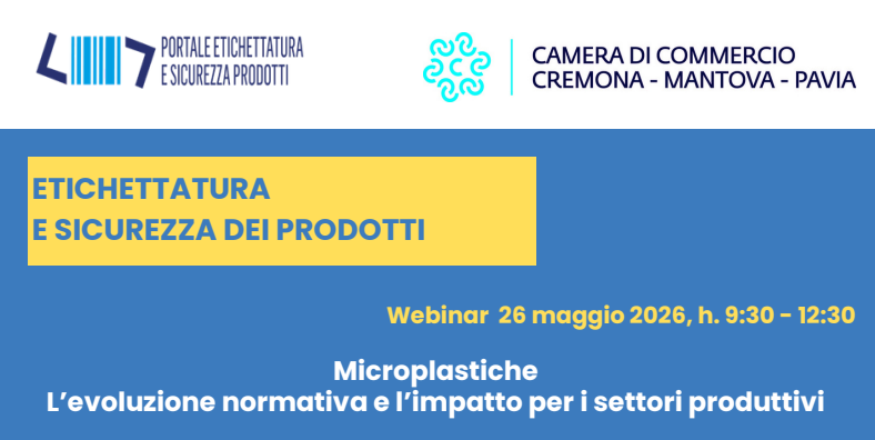 CCIAA_CMP's tweet photo. #Webinar gratuito Microplastiche: l'evoluzione normativa e l'impatto per i settori produttivi
🗓️26 maggio 2026
🕑 9:30
🖋️https://t.co/KpLXgWj0fa https://t.co/mRksKMi9ze