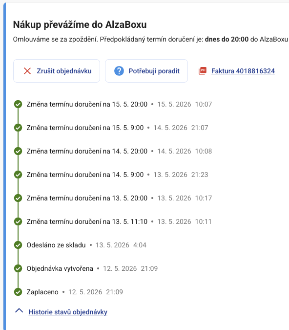 fromen's tweet photo. Alza slíbila doručení dnes do 20:00. Předtím slíbila doručení včera do 20:00. A předevčírem taky. Balíček byl odeslán ze skladu ve čtvrtek, od té doby asi cestuje pěšky. 📦🚶 https://t.co/ULCa0XJJHl