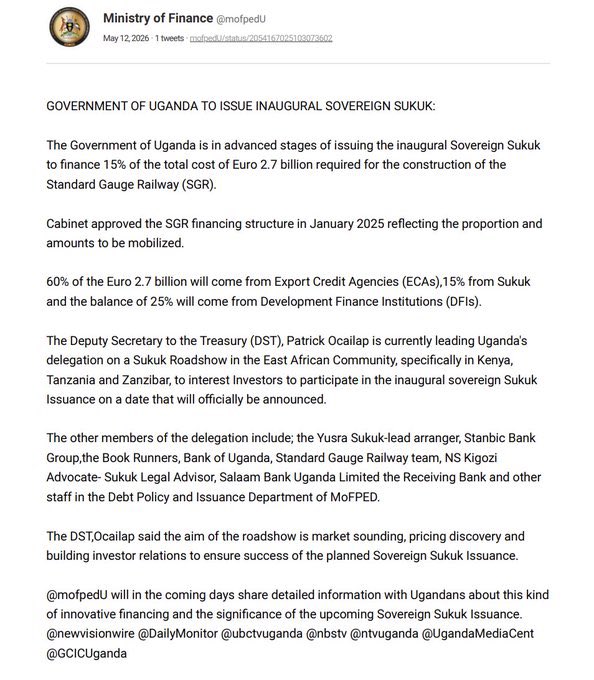 ChrisHigenyi's tweet photo. .@mofpedU preparing inaugural sovereign Sukuk issuance to fund 15% of SGR project; 60% will come “Export Credit Agencies” &amp; 25% from Development Finance Institutions. It’s one in raft of measures to "effectively manage public debt." https://t.co/7tProiVoIr
