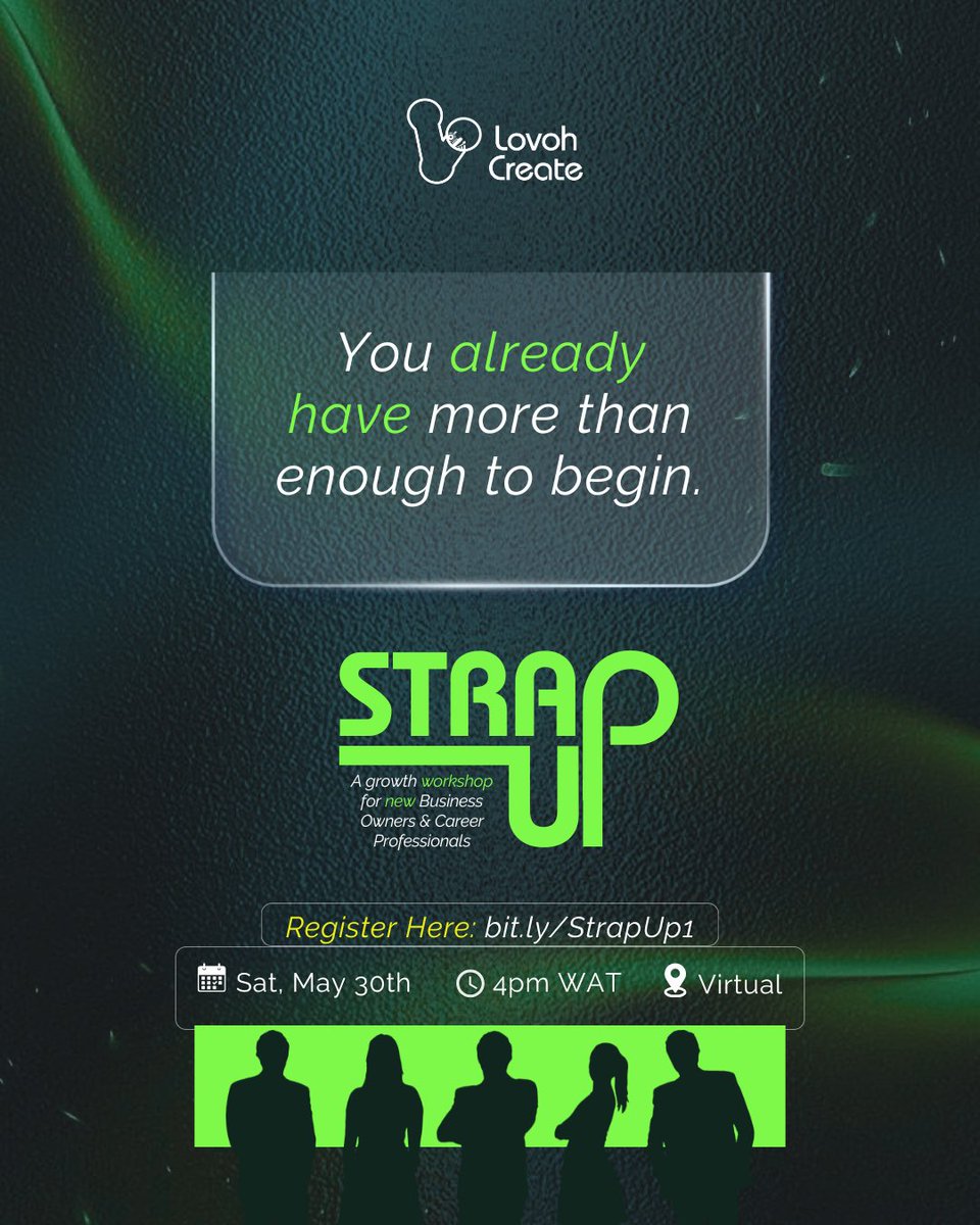 lovohcreate_'s tweet photo. You've been thinking long enough.

What’s missing is the move.

STRAP UP 🔥

For founders, builders &amp; career professionals ready to finally deliver those ideas.

May 30th · 4PM WAT · Virtual Register : Link in bio
#STRAPUP #LaunchGeeks #LovohCreate  #GrowthMindset #CareerProf https://t.co/pT2Zj64d0o