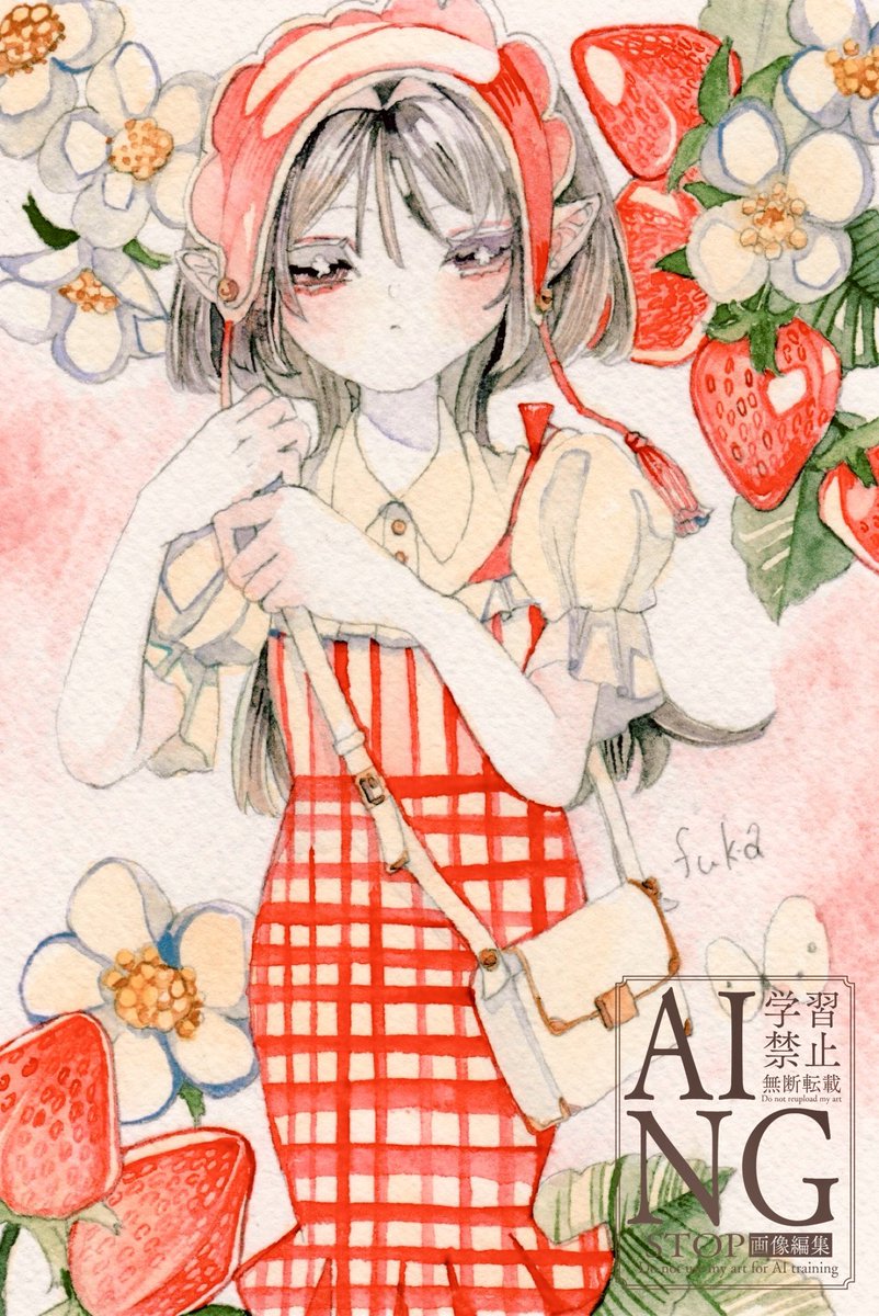 【水彩画】エルフの少女（レッド） エルフのお出かけ 透明水彩/ハガキサイズ