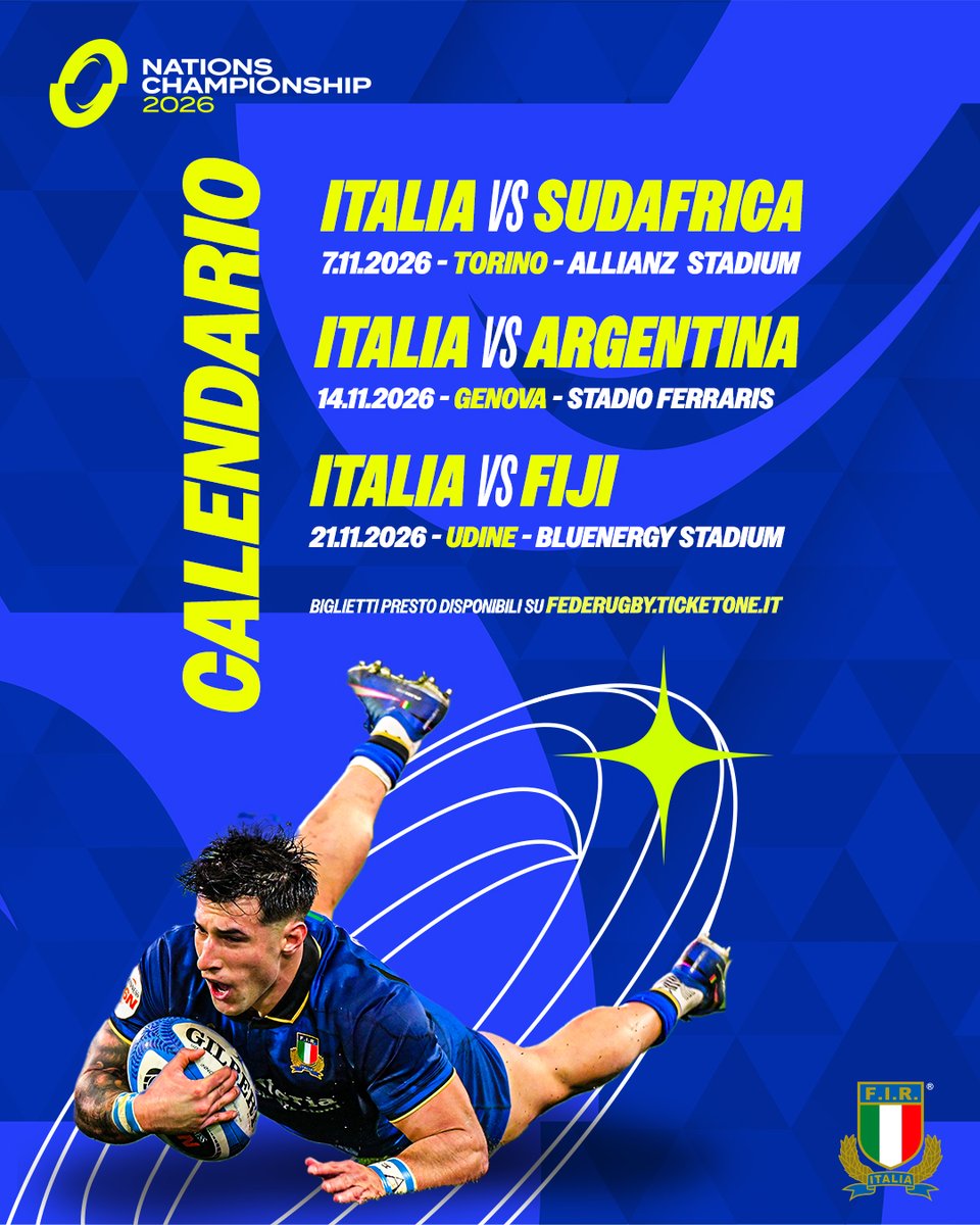 Federugby's tweet photo. 🔹 Annunciate le sedi delle gare di #Italrugby nel #NationsChampionship di novembre 2026 👇

🇮🇹🇿🇦 #ITAvRSA ▪️7/11 ▪️ Allianz Stadium, Torino
🇮🇹 🇦🇷 #ITAvARG ▪️ 14/11 ▪️Stadio Luigi Ferraris, Genova 
🇮🇹🇫🇯  #ITAvFIJ ▪️ 21/11 ▪️ Bluenergy Stadium, Udine 

🎟️prossimamente @TicketOneIT https://t.co/HWF5ontFbf