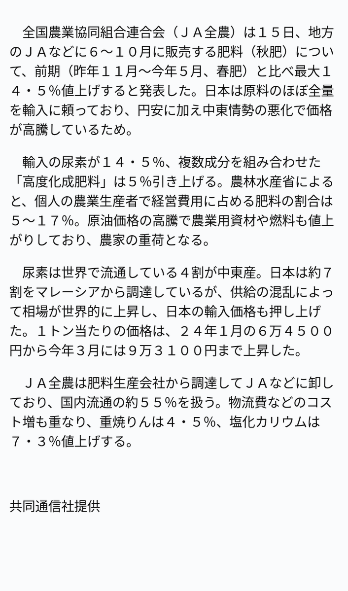 速報】秋肥料、最大14・5%値上げ ※記事は投稿時点の内容です 速報】秋肥料、最大14・5%値上げ ※記事は投稿時点の内容です