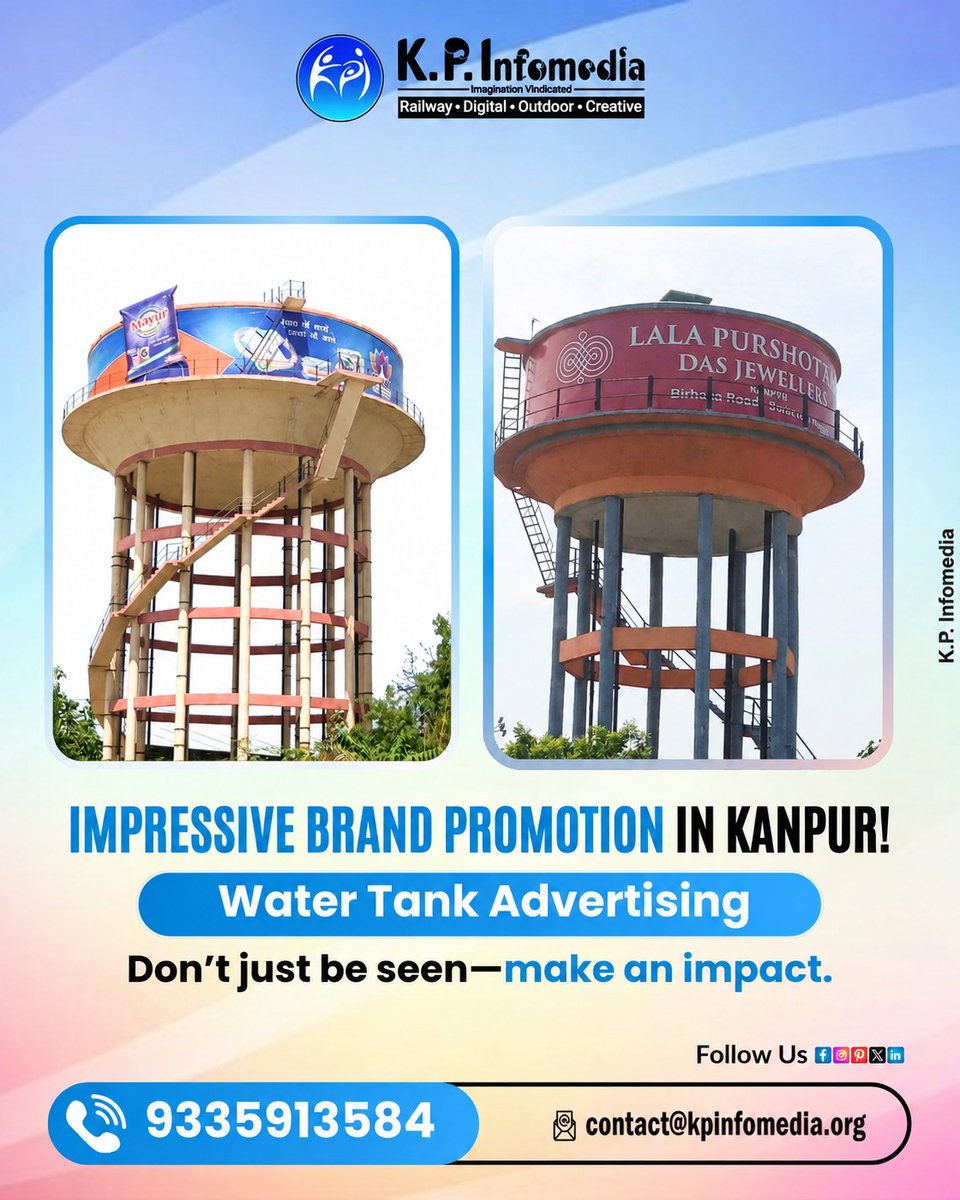 InfomediaK's tweet photo. Turn heights into high-impact advertising!
With water tank advertising in Kanpur, your brand won’t just be seen; it will dominate the city with powerful 24/7 visibility. 📍✨
Don’t just be seen, make a lasting impression. 💥

👉 For more information, contact KP Infomedia today https://t.co/Y6iPljawti