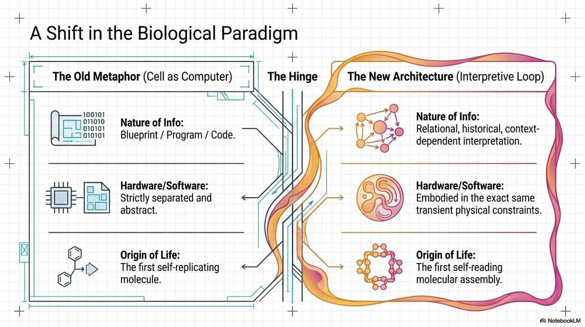 Extended_Brain's tweet photo. Most of molecular biology treats the cell as a computer: a program stored in DNA, executed by proteins.
Pattee saw something else: an architecture of symbols and readers that cannot be collapsed into physics without losing the meaning. (1/2) https://t.co/k4M4GBvcrw