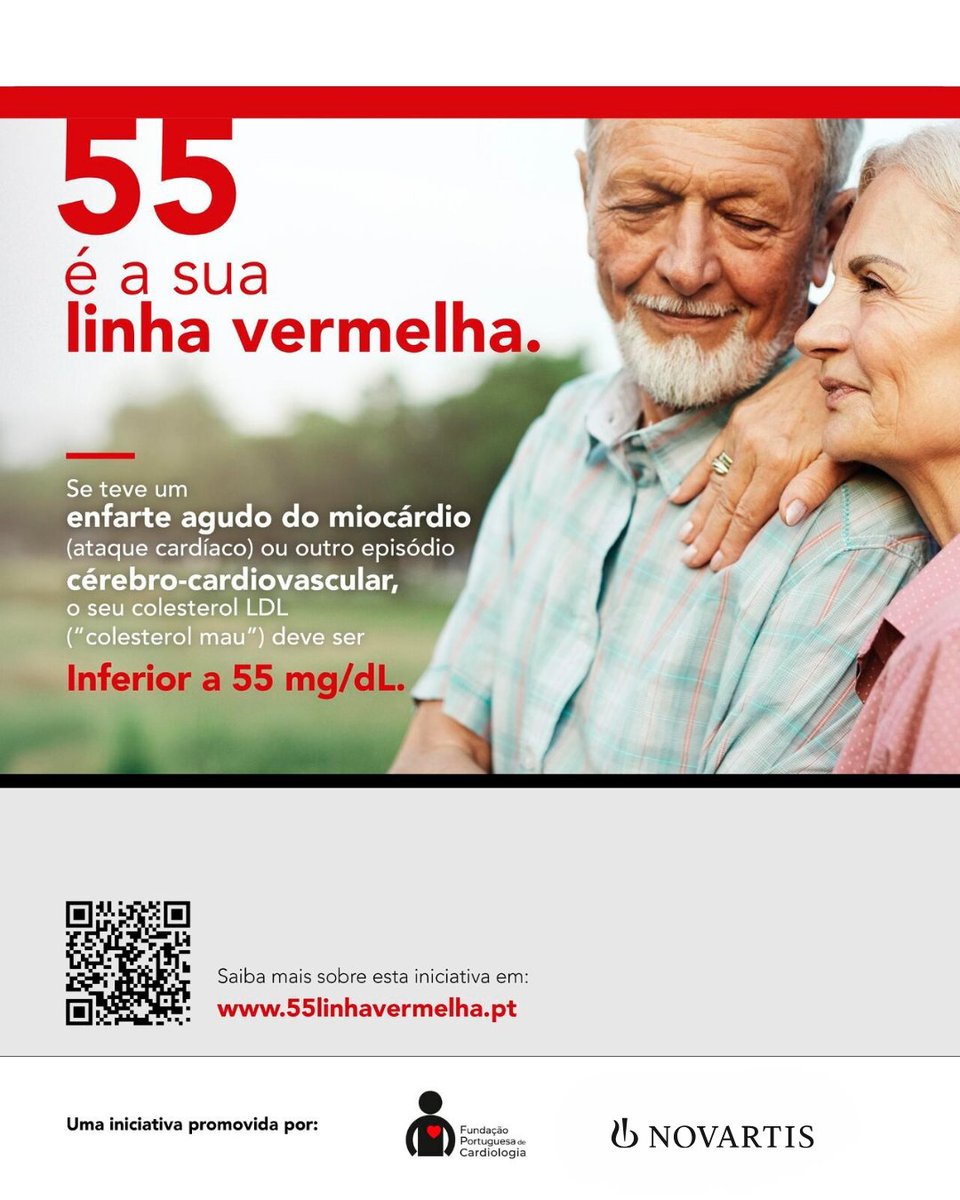 NovartisPT's tweet photo. Saber ler as suas análises é ganhar autonomia na gestão da sua saúde e, muitas vezes, também tranquilidade, nomeadamente no que diz respeito ao seu risco cardiovascular.

Já sabe onde encontrar o valor do colesterol LDL nos seus exames?
Os valores de referência podem ser genéricos, mas para quem tem risco cardiovascular muito elevado existe uma meta clara: 55 mg/dL.
 
Perceba o que o LDL diz sobre a saúde das suas artérias. 
 
 🔗 Consulte os materiais disponíveis em: https://t.co/OZJMmKE3L0, uma campanha da @FP_Cardiologia  

#Novartis #MaioMesDoCoracao #SaudeCardiovascular #55LinhaVermelha
