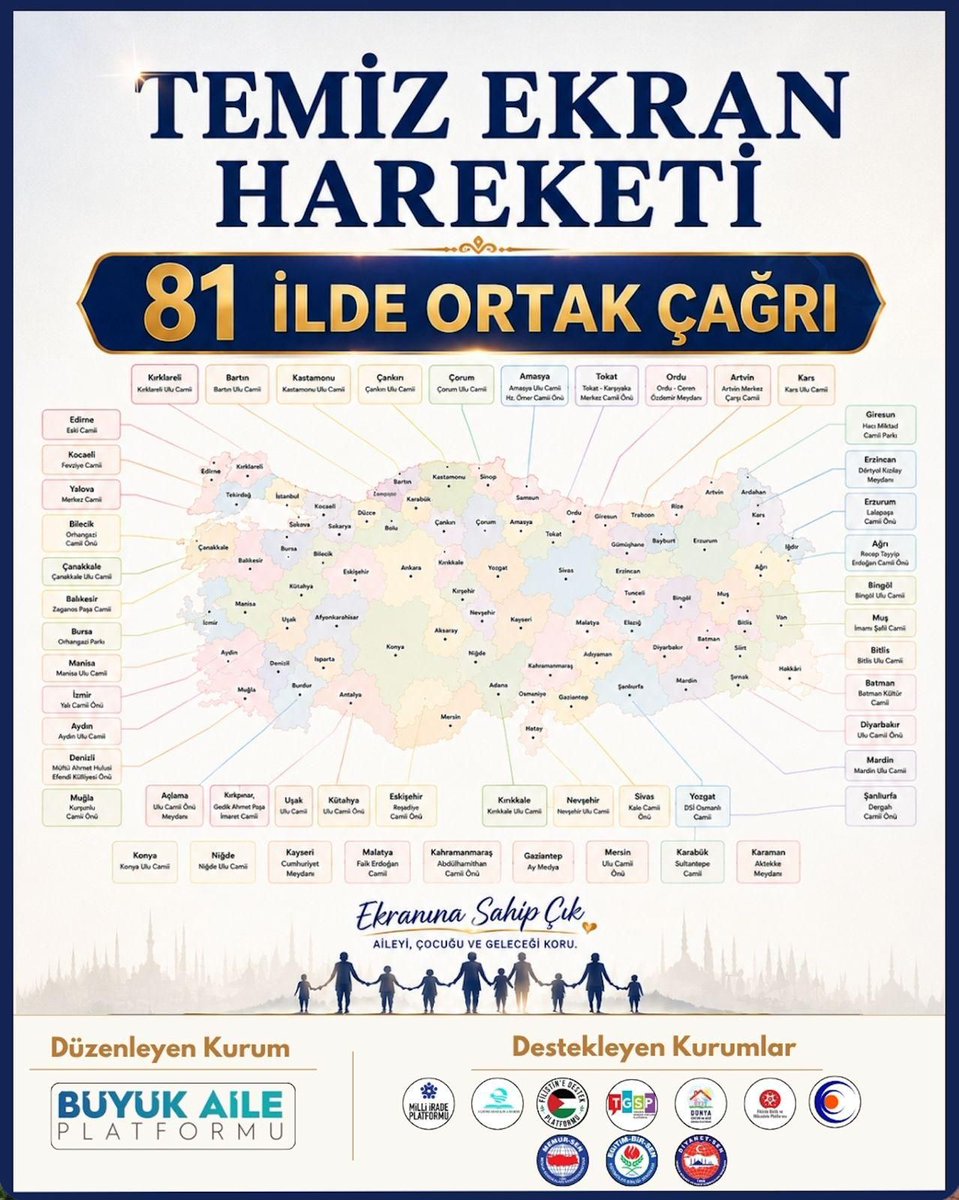 Cihannumader's tweet photo. Aile yapısını, çocuklarımızın geleceğini ve toplumsal değerlerimizi korumak amacıyla hayata geçirilen “Temiz Ekran Hareketi” kapsamında düzenlenen 81 İlde Ortak Çağrı programını destekliyoruz.

Dijital dünyanın çocuklar ve aile yapısı üzerindeki etkilerine dikkat çekmek, daha bilinçli ve sağlıklı bir medya kullanımına katkı sunmak amacıyla gerçekleştirilen bu önemli çalışmaya katkı sunuyoruz.

📅 15 Mayıs 2025
🕜 13.30
📍 81 İl Şehir Meydanları