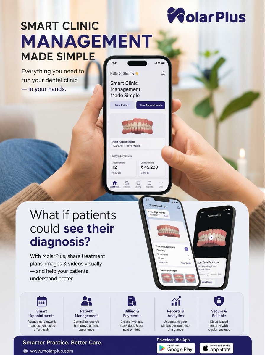 Molarplus_'s tweet photo. Manage your dental clinic smarter with MolarPlus 🦷📱

Appointments, patient records, billing, reports &amp; treatment visuals — all in one place.

Smarter Practice. Better Care.

#MolarPlus #DentalSoftware #DigitalDentistry #ClinicManagement https://t.co/3b7on4Skg6
