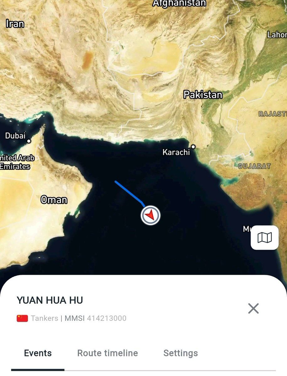 MarioNawfal's tweet photo. 🇨🇳 A Chinese-flagged oil tanker just sailed through the Strait of Hormuz, past the U.S. Navy blockade line, and nobody stopped it.

The YUAN HUA HU crossed using Iran's designated route and is now heading to Zhoushan, China. 

Why it matters: intercepting a Chinese-flagged vessel carrying Chinese cargo would be an act of war against China, not Iran. 

And Trump did not want to cause a scene while he was visiting Xi in Beijing. 

Source: @MenchOsint