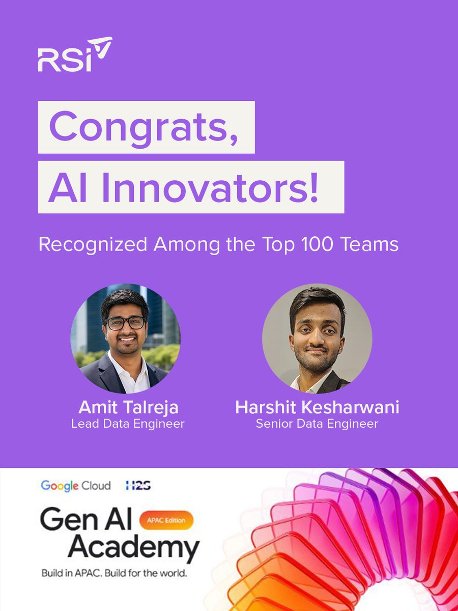 RSystems_Inc's tweet photo. #RSIproud of Harshit and Amit for making it to the Top 100 teams in the Google Cloud Gen AI Academy (APAC Edition) - standing out among 190K+ developers across 12+ countries! 🙌
It's amazing to see the spirit behind @EXIQO_AI_Studio in action!
#RSIteam #EngineeringAI https://t.co/51buVCejAf
