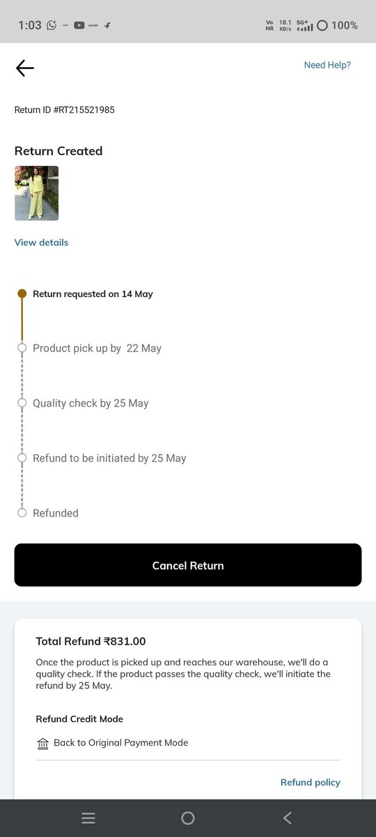 SiroyaRinkesh's tweet photo. @AjioCares what nonsense is this i have been trying to return this item but my return is geeting canceled everytime for no reason. First i initiated return the return guy told that put return by selecting colour defect option for no reason otherwise he will not pick up. https://t.co/sYZzmgEZay