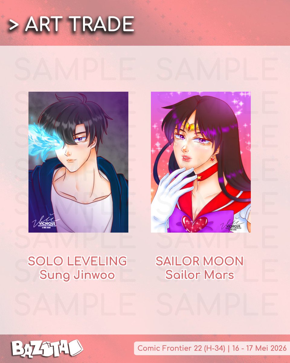 vichious_'s tweet photo. ART TRADE 

*Selama persediaan masih ada, pilih salah 1 yaa. Karena.. Tak kenal, maka tak zheyenk*

See you at CF 22 

#sololeveling #sungjinwoo #sailormoon #sailormars https://t.co/BHoIJks2ZT