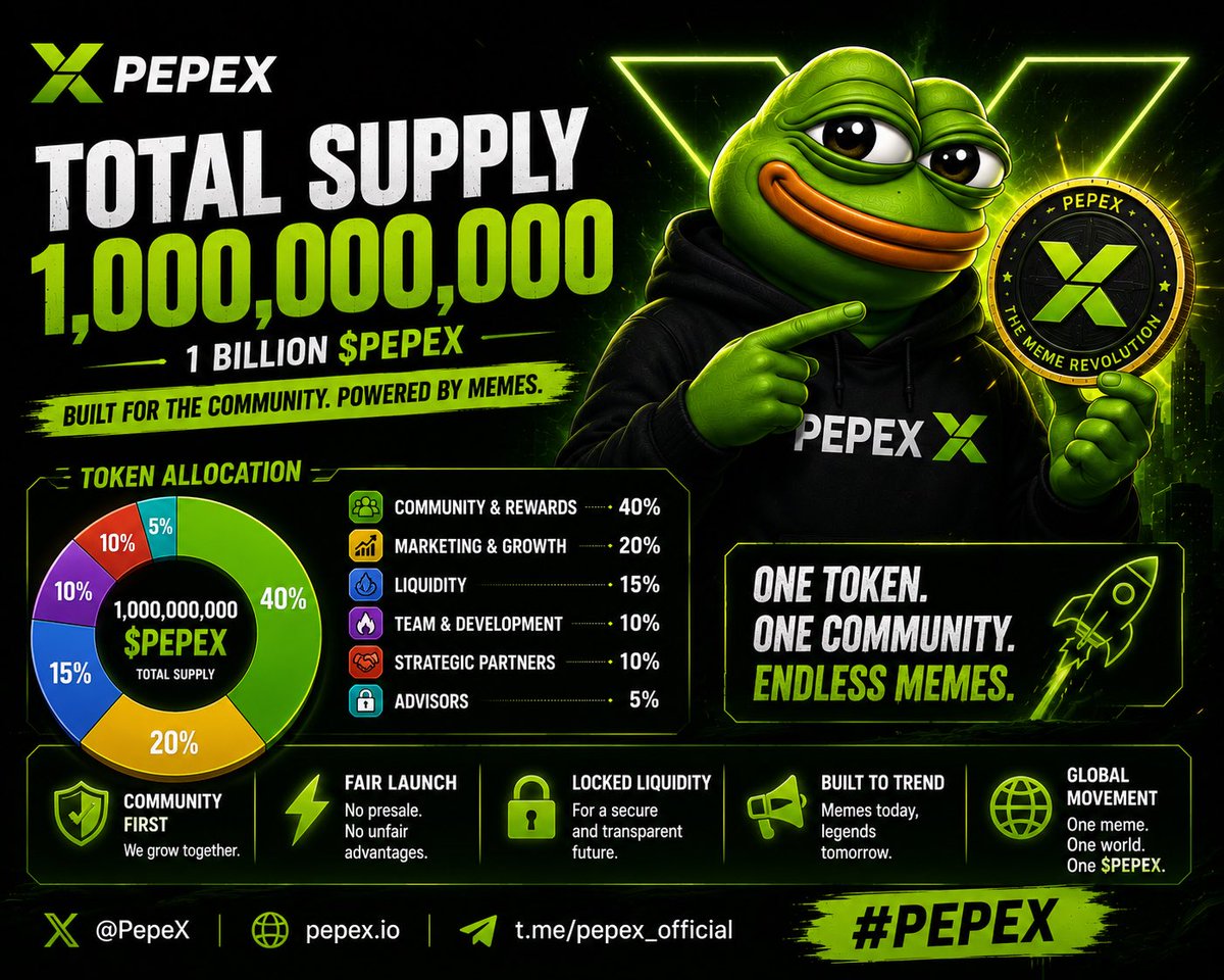 PepeX_onSol's tweet photo. TOTAL SUPPLY: 1 BILLION $PEPEX 🐸🔥

Built for the community.  
Powered by memes.  
Driven by the PEPEX Army. ⚡

✅ Community First  
✅ Locked Liquidity  
✅ Built on Solana  
✅ Strong Meme Culture  

#PEPEX #Solana #Memecoin #Crypto #Web3 #PEPEXARMY #CryptoCommunity #Solana https://t.co/cCObcjXksf