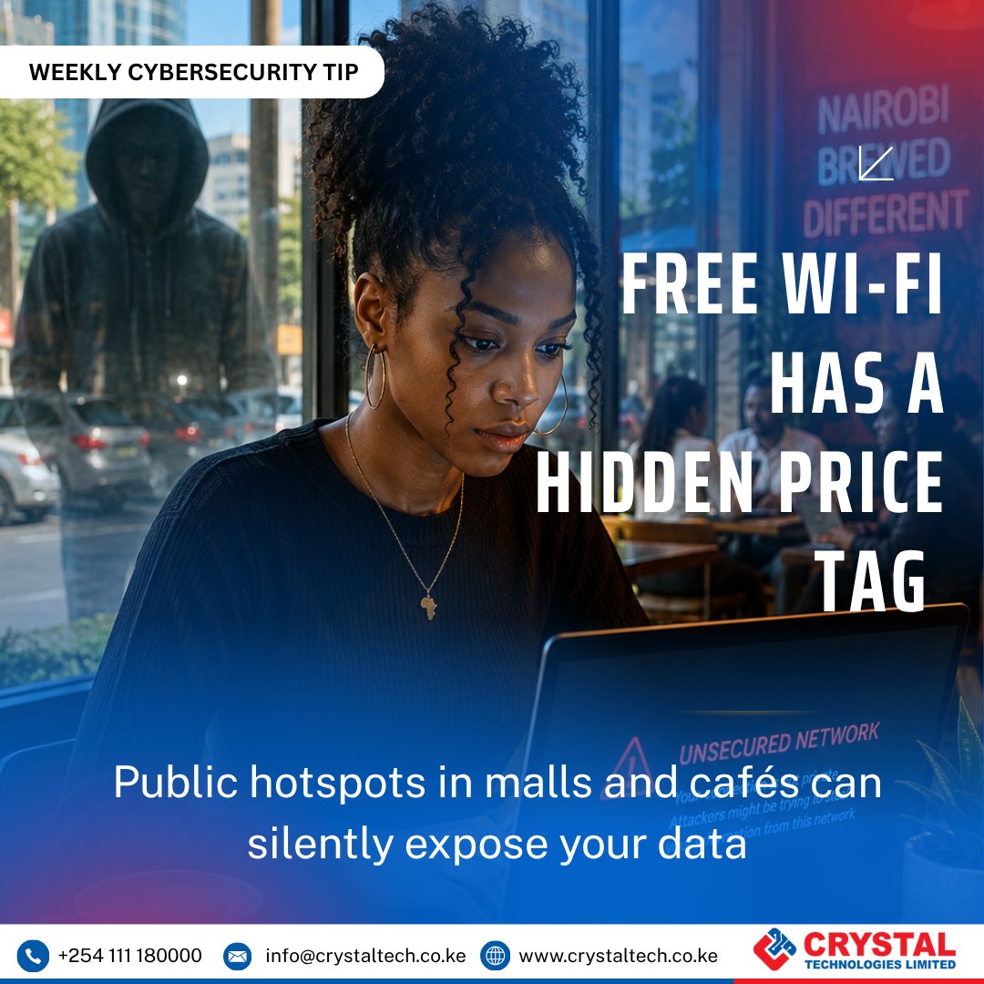 CrystalTechKe's tweet photo. ☕ Free public Wi-Fi can expose your logins, banking info, and personal data to attackers on the same network.

Avoid sensitive transactions on public hotspots. Use a VPN or mobile data instead. 🔐

#CyberSecurity #PublicWiFiRisk #StaySafeOnline https://t.co/3JGQoiSldq