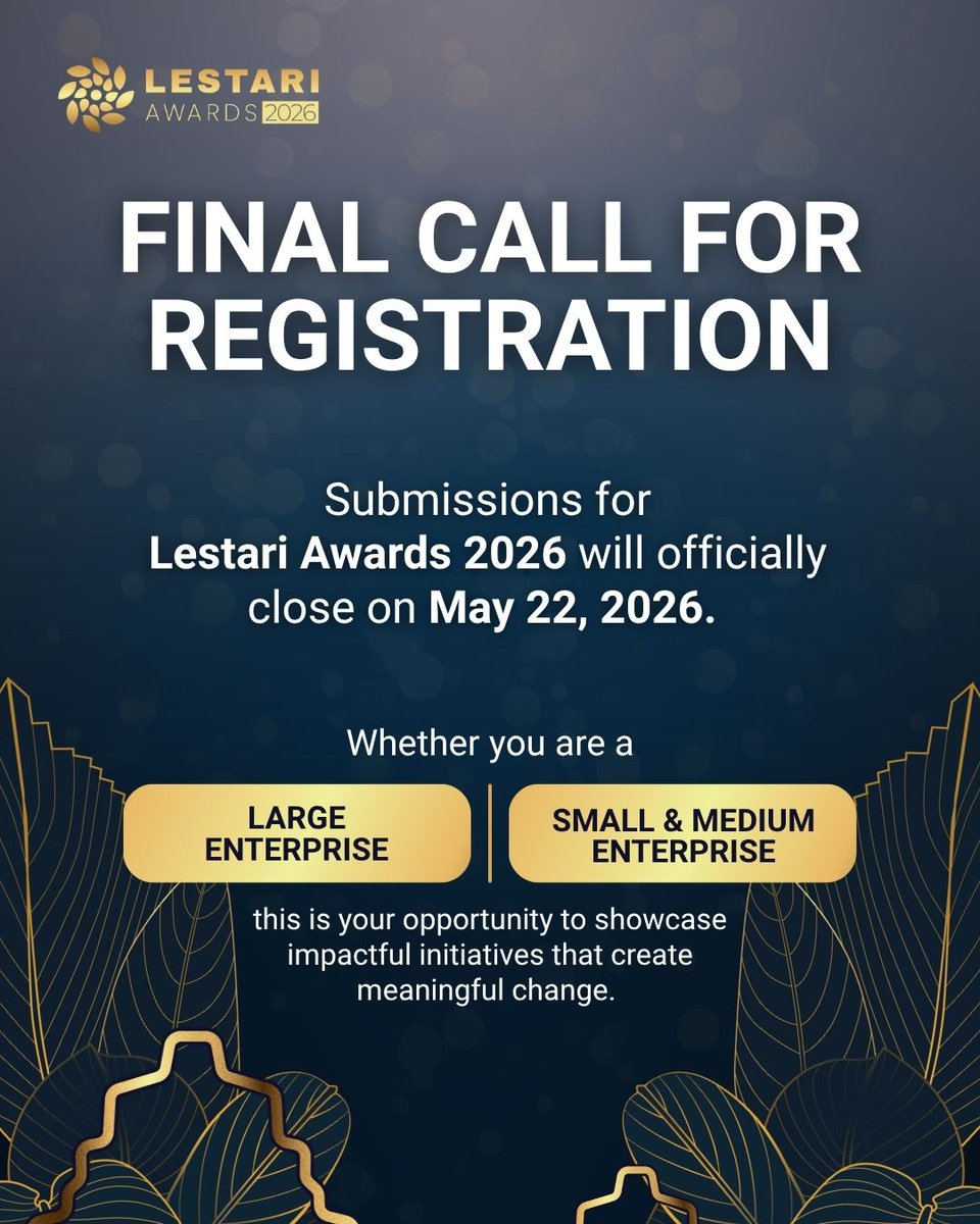 kgmediaID's tweet photo. Submissions for Lestari Awards 2026 will officially close on May 22, 2026.

Your inspiring sustainability initiative deserves greater recognition. ✨

 ⏰ Time is ticking. Submit now at:
🔗 https://t.co/yXaJvxIIO2

#LestariAwards2026 #Sustainability #KGMedia #UMKM #ESG https://t.co/gDYBnn5eeU