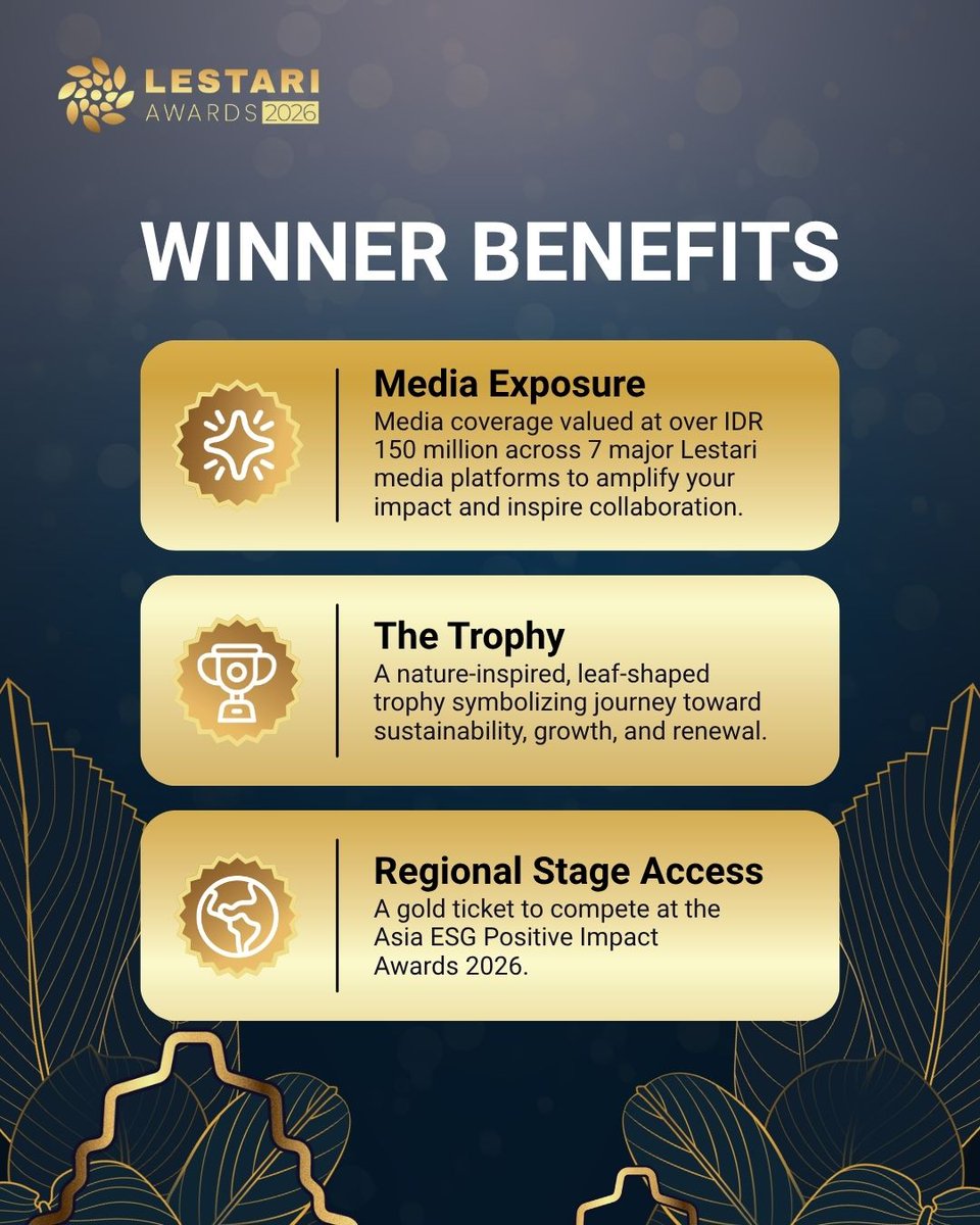 kgmediaID's tweet photo. Submissions for Lestari Awards 2026 will officially close on May 22, 2026.

Your inspiring sustainability initiative deserves greater recognition. ✨

 ⏰ Time is ticking. Submit now at:
🔗 https://t.co/yXaJvxIIO2

#LestariAwards2026 #Sustainability #KGMedia #UMKM #ESG https://t.co/gDYBnn5eeU