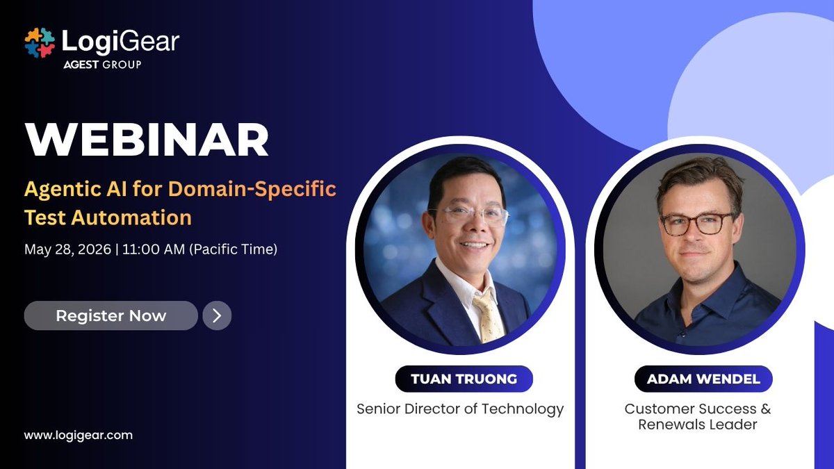 logigear's tweet photo. Join Tuan Truong and Adam Wendel for a practical webinar on production-grade test automation.

📅 May 28, 2026 | 11:00 AM PT
📍 Online Webinar
Register: https://t.co/hYc38L8tVF

#AITesting #TestAutomation #AgenticAI https://t.co/eqxorS6Kcn