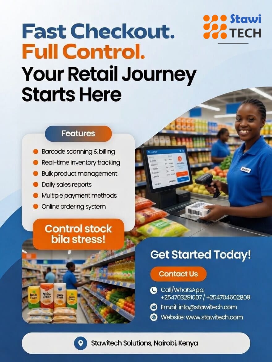 stawitech's tweet photo. Fast checkout. Full control. 
Manage stock, billing, reports and payments seamlessly with Stawitech’s retail solution.

Call/WhatsApp-0701304585

Smart systems for modern businesses.
#RetailTech #POS #ERP #StawiTech https://t.co/P9PONDo7aU