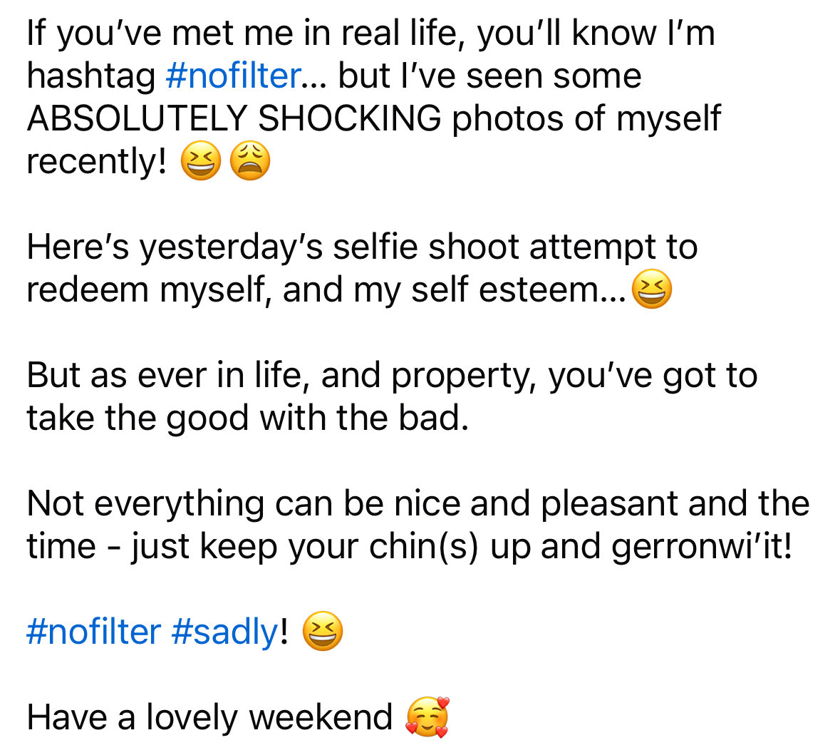 PresleyProperty's tweet photo. If you’ve met me in real life, you’ll know I’m hashtag #nofilter… but I’ve seen some ABSOLUTELY SHOCKING photos of myself recently! 😆😩

… https://t.co/BrHRxjfDl5