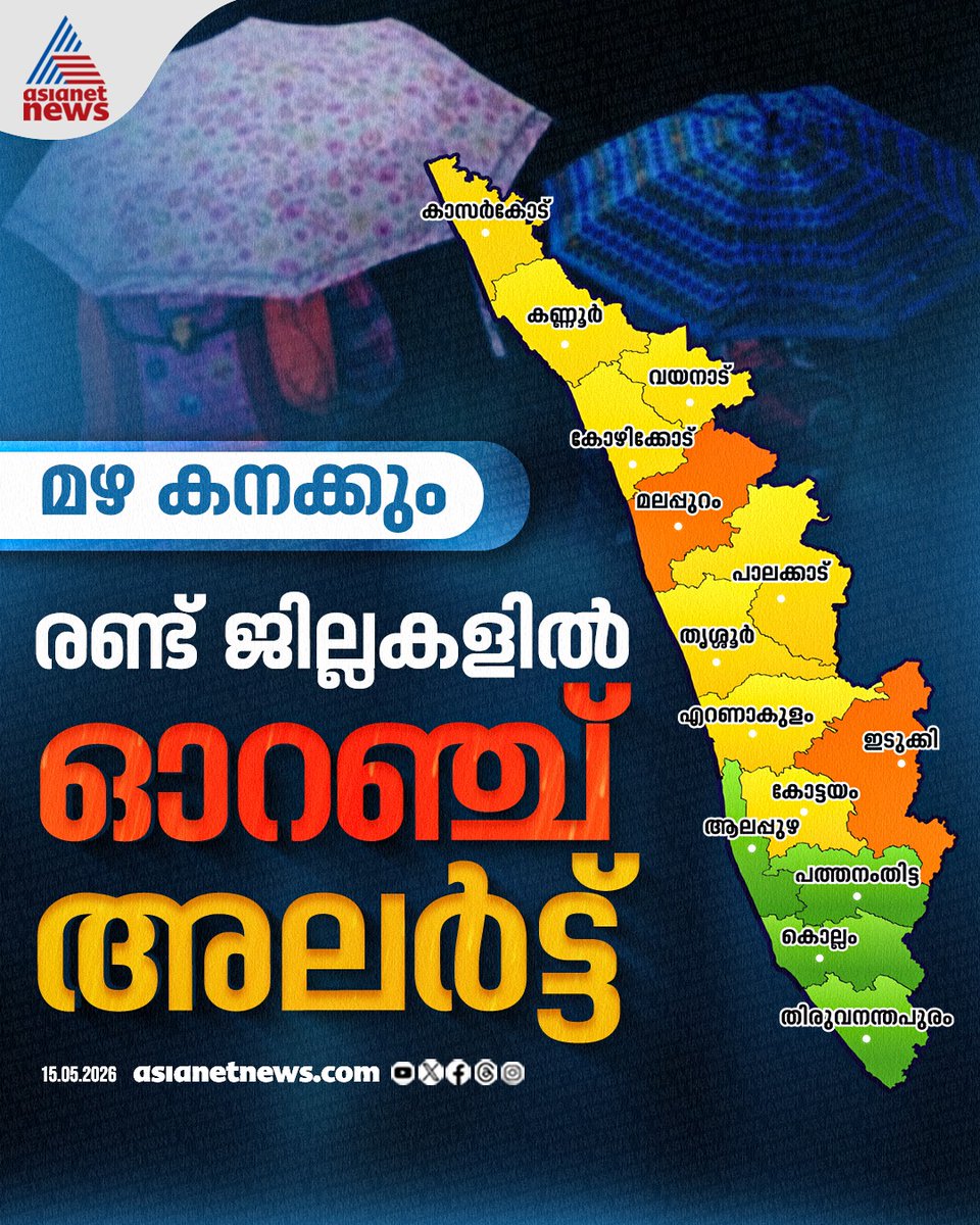 AsianetNewsML's tweet photo. മഴ മുന്നറിയിപ്പ്; രണ്ട് ജില്ലകളിൽ ഓറഞ്ച് അലർട്ട്, 8 ജില്ലകളിൽ യെല്ലോ അലർട്ട്
🔗 https://t.co/agm3gJRozi
#Rain #KeralaWeather #WeatherAlerts https://t.co/Ytf1VbapIe