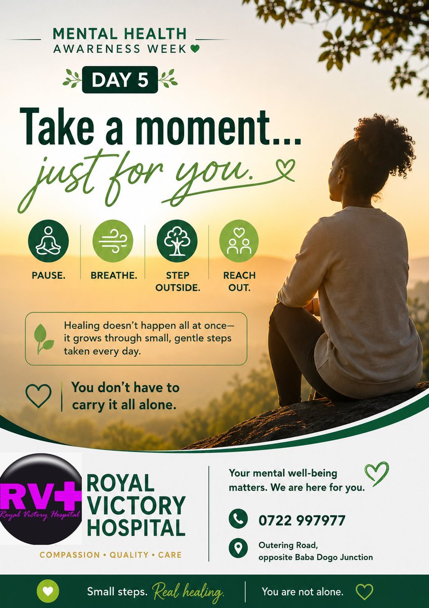 HospitalVictory's tweet photo. Day 5 💚
Take a moment… just for you.
Pause. Breathe. Reach out.
Small steps lead to real healing.
📞 0722 997977
#MentalHealthAwarenessWeek #YouAreNotAlone #RoyalVictoryHospital https://t.co/IRDC4UGsAf