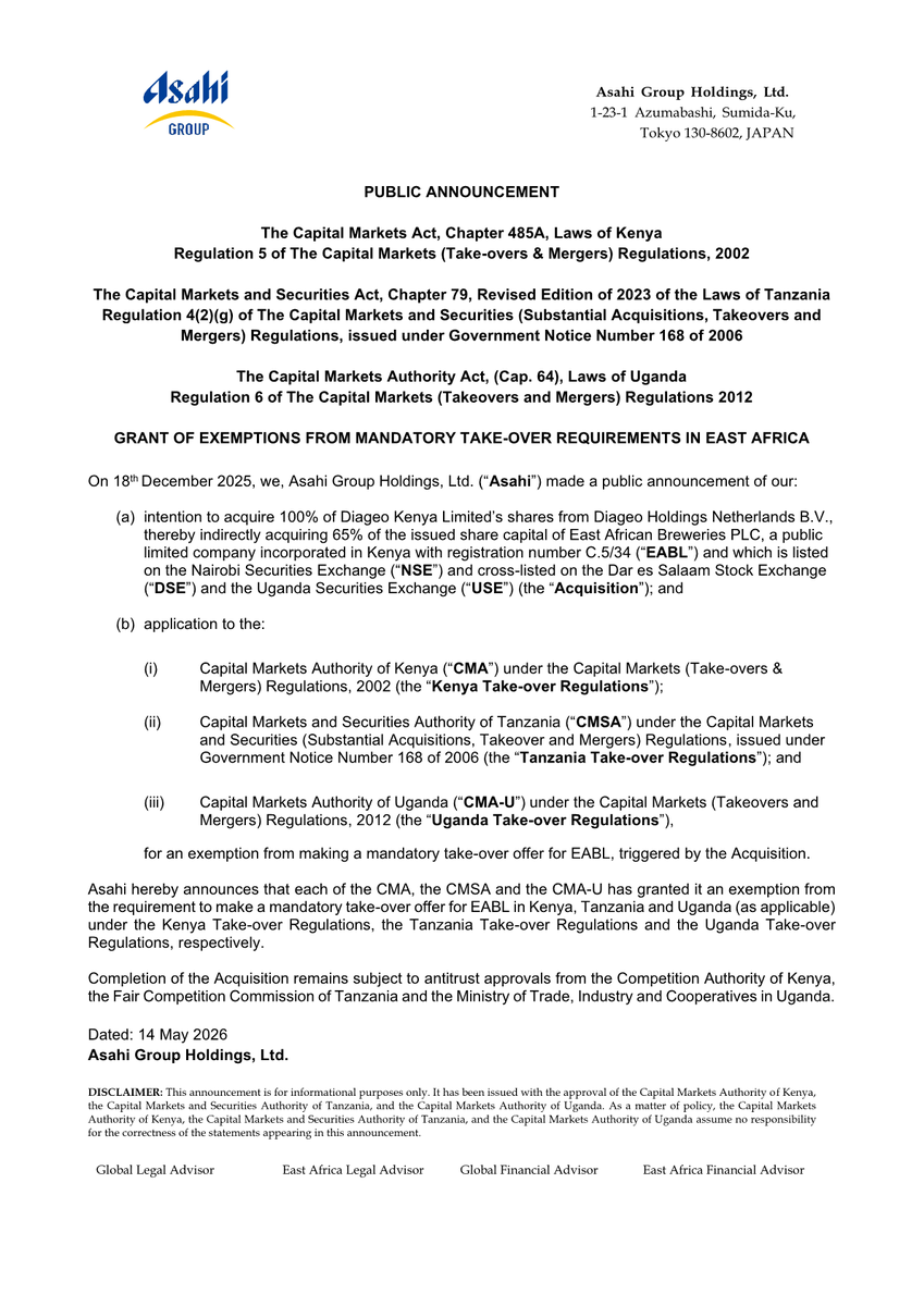 NSE_PLC's tweet photo. ❗Important Notice❗
Asahi Group Holdings – Grant of Exemption from Mandatory Takeover Requirements. https://t.co/7SFgq5DBVd
