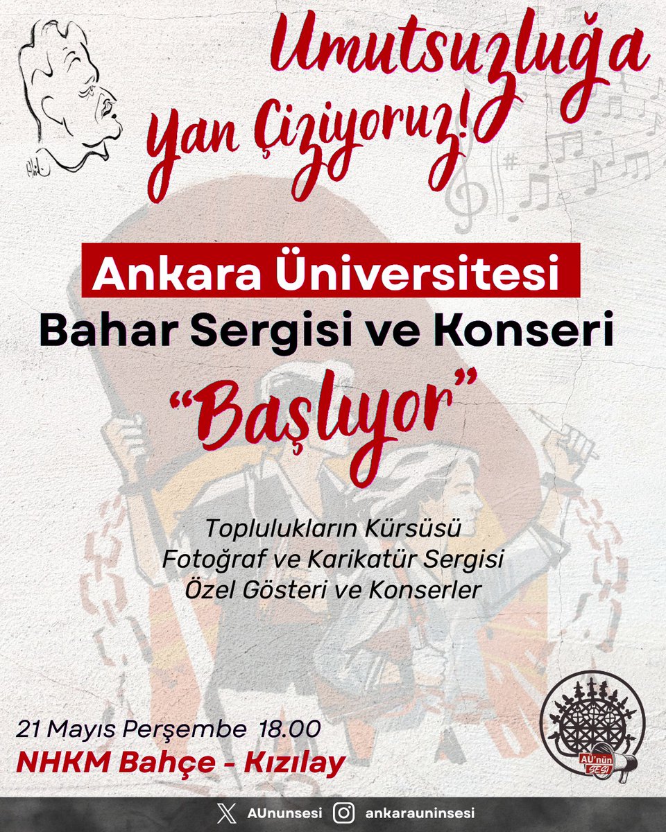 AUnunsesi's tweet photo. Umutsuzluğa Yan Çiziyoruz!

21 Mayıs'ta Ankara NHKM'de (Kızılay) Bahar Sergisi ve Konseri ile karşınızdyız🌻

Seni de aramızda görmek istiyoruz🙌 https://t.co/9LcN8sXZnP