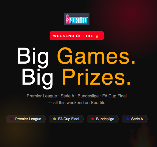SportitoDFS's tweet photo. 🔥 Weekend of Fire is here. From the FA Cup Final to Premier League Sunday to Serie A — this is the biggest football weekend of the season, and you can win big on every single game.
👉 Join the pools now — link in bio.

#fantasypl #FootballWeekend #FACupFinal #PremierLeague https://t.co/QrC7JbffZY